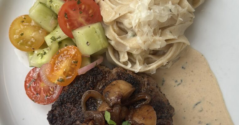 Skillet Hamburger with Bourbon Caramelized Onions and Mushrooms